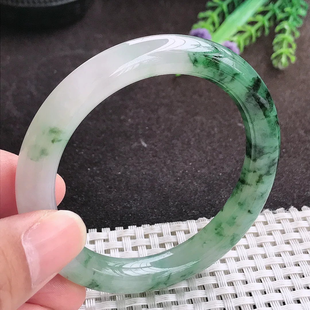 自然光53.5/9.4/9.2老坑精美冰润飘花圆条手镯翡翠玉镯手环