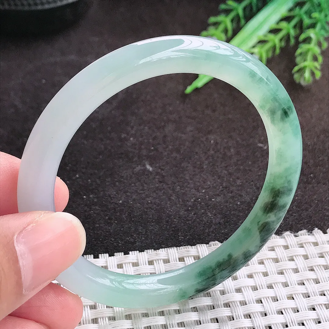 自然光53/7.4/7.8老坑冰胶水灵飘花圆条手镯翡翠玉镯手环