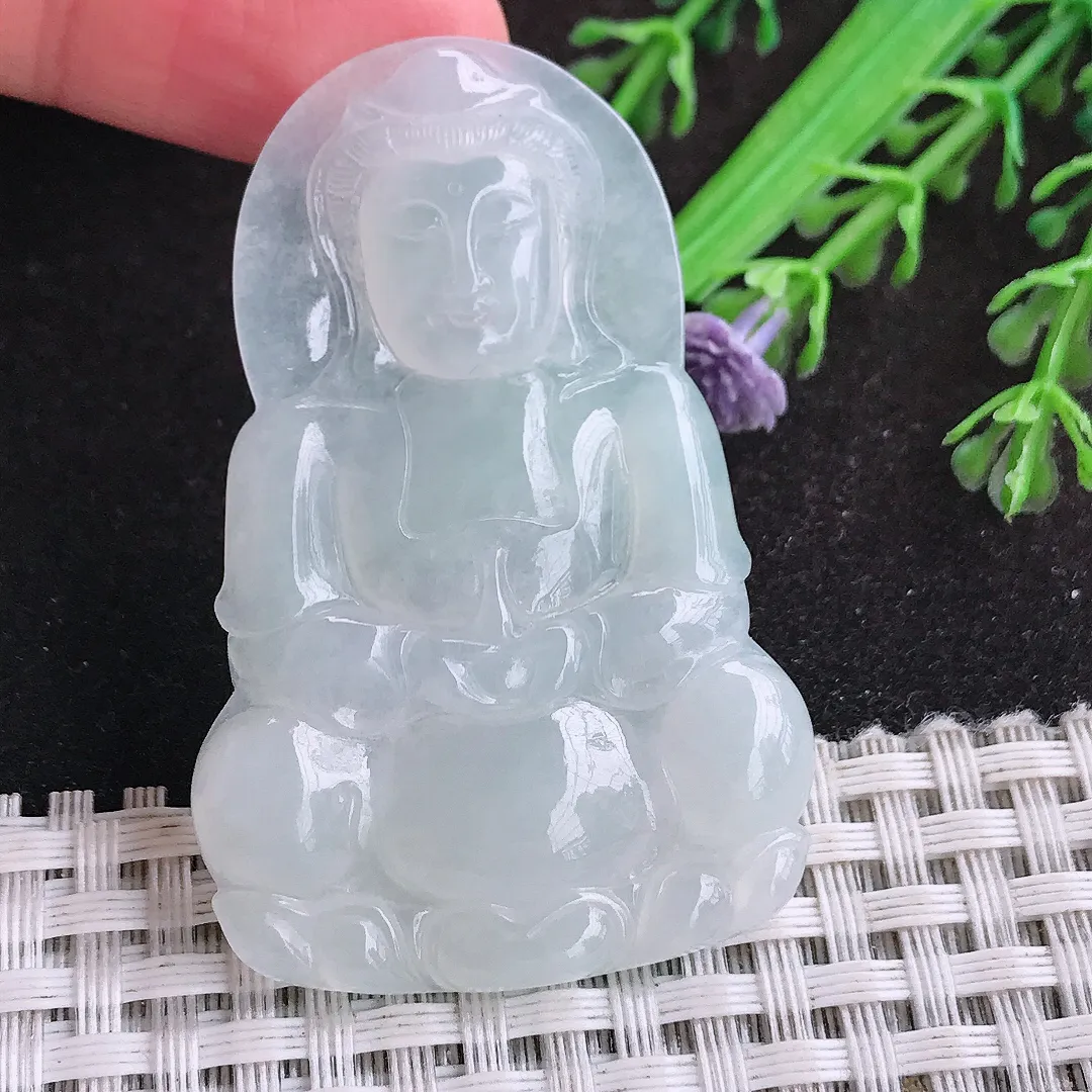 自然光52.4/34.3/4.8老坑冰胶白冰观音菩萨挂件翡翠玉坠吊坠百搭