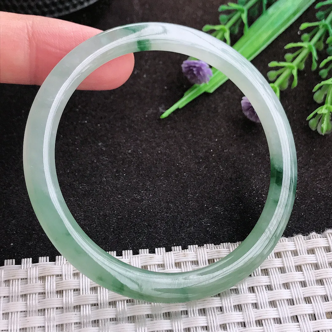自然光54/5.1/6.7老坑冰润起胶飘花细条叮当镯手镯翡翠玉镯手环