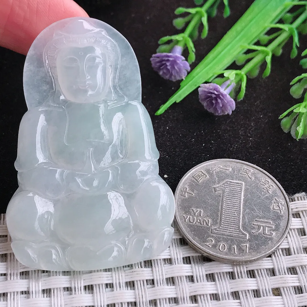 自然光52.4/34.3/4.8老坑冰胶白冰观音菩萨挂件翡翠玉坠吊坠百搭