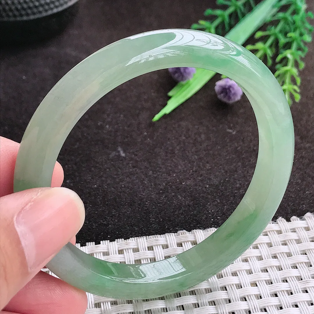 自然光55.5/9/7.5老坑冰胶果冻冰晴绿手镯宽边翡翠玉镯手环