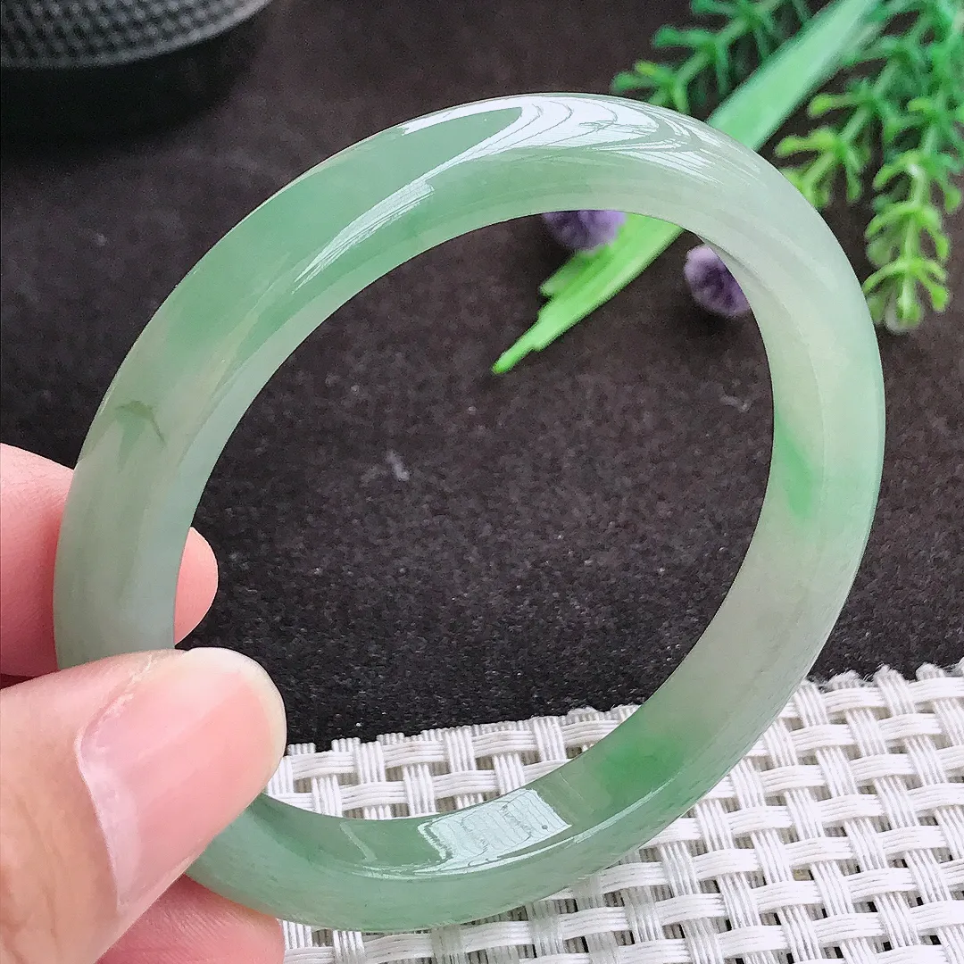 自然光55.5/9/7.5老坑冰胶果冻冰晴绿手镯宽边翡翠玉镯手环