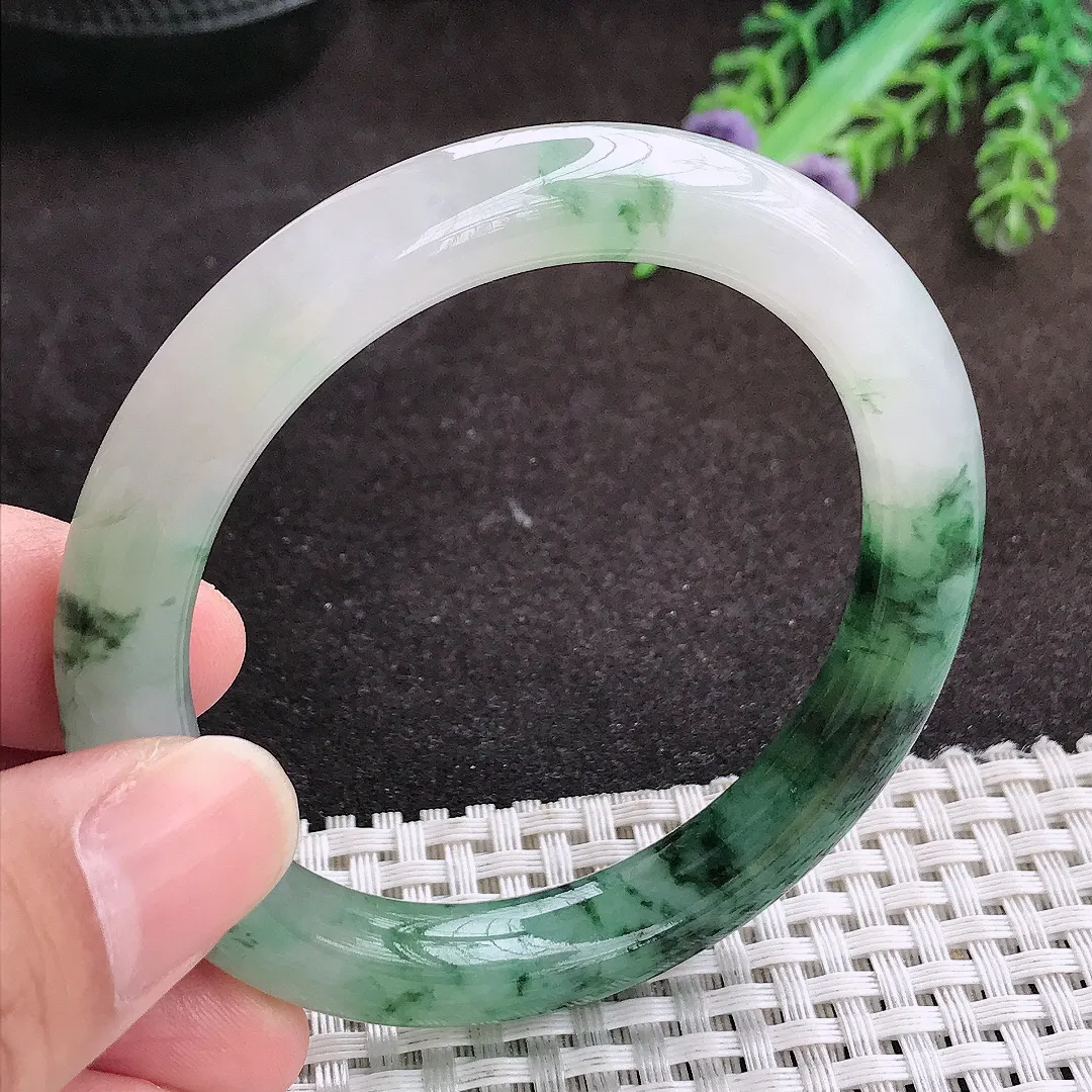 自然光53.5/9.4/9.2老坑精美冰润飘花圆条手镯翡翠玉镯手环