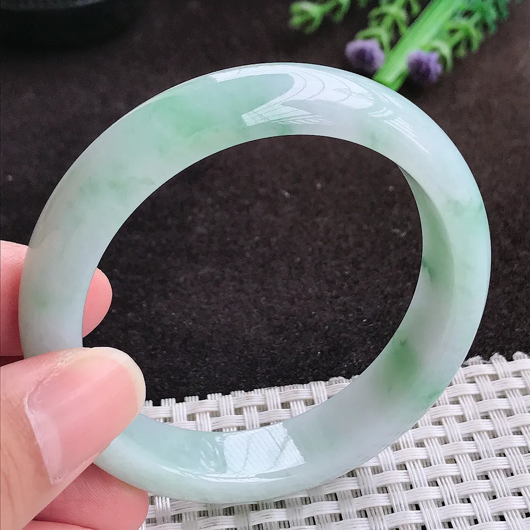 自然光55/13.5/7.7老坑冰润起胶飘花手镯宽边翡翠玉镯手环
