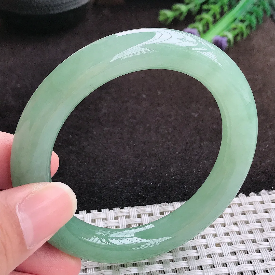 自然光55.5/10.7/11老坑冰胶果冻冰晴绿圆条手镯翡翠玉镯手环