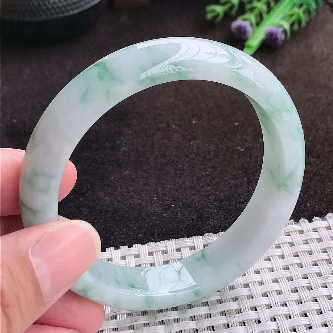 自然光57.8/13.6/8老坑冰润飘花手镯宽边翡翠玉镯手环