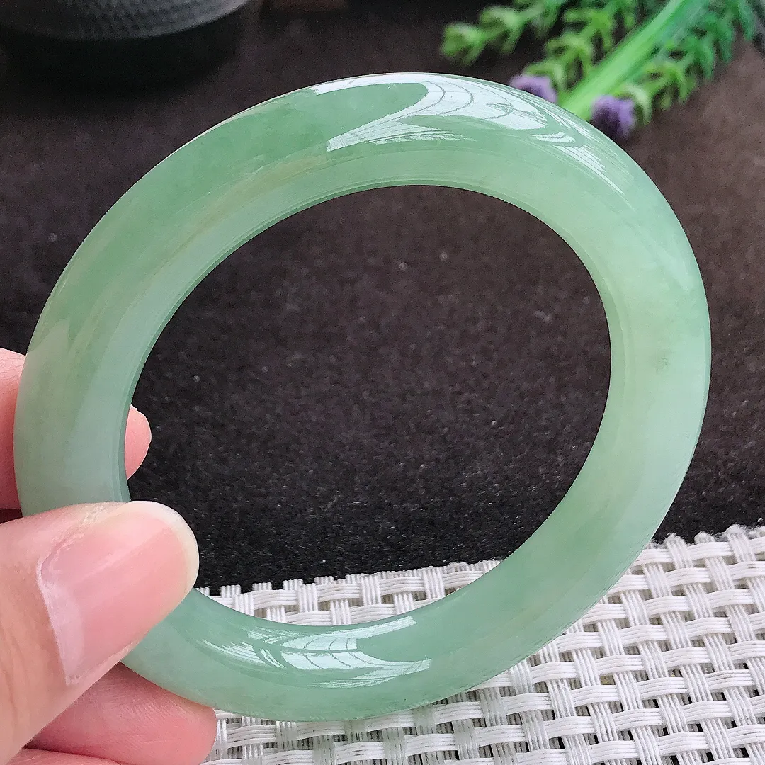 自然光55.5/10.7/11老坑冰胶果冻冰晴绿圆条手镯翡翠玉镯手环