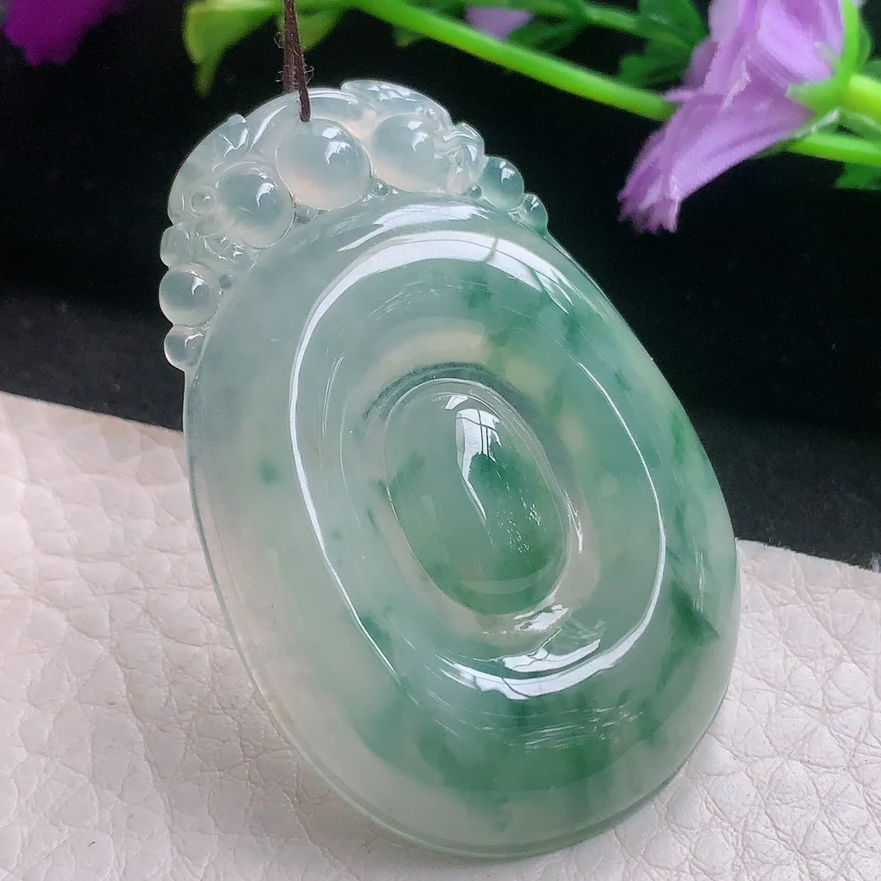 lz自然光51*35*5.8天然缅甸翡翠冰飘绿花福贝如意玉吊坠 玉挂件