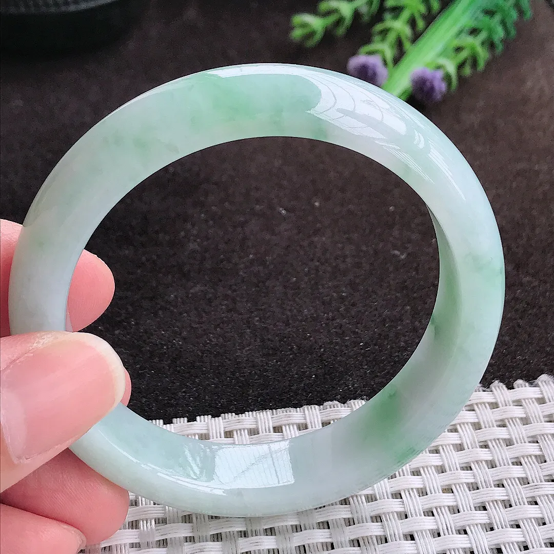自然光55/13.5/7.7老坑冰润起胶飘花手镯宽边翡翠玉镯手环