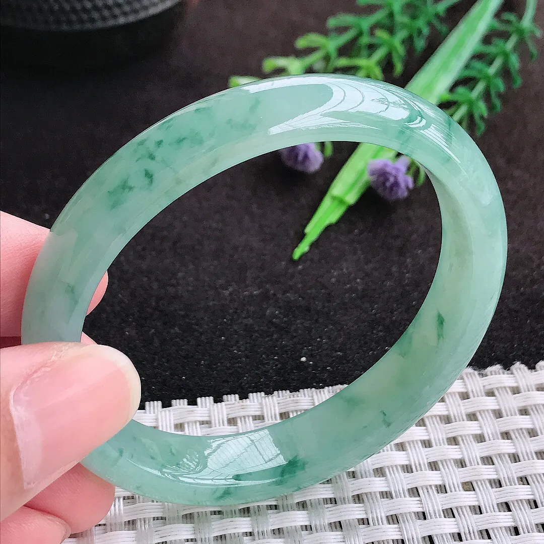 自然光53.5/47/1.8/7.1老坑冰胶果冻飘花贵妃手镯宽边翡翠玉镯手环