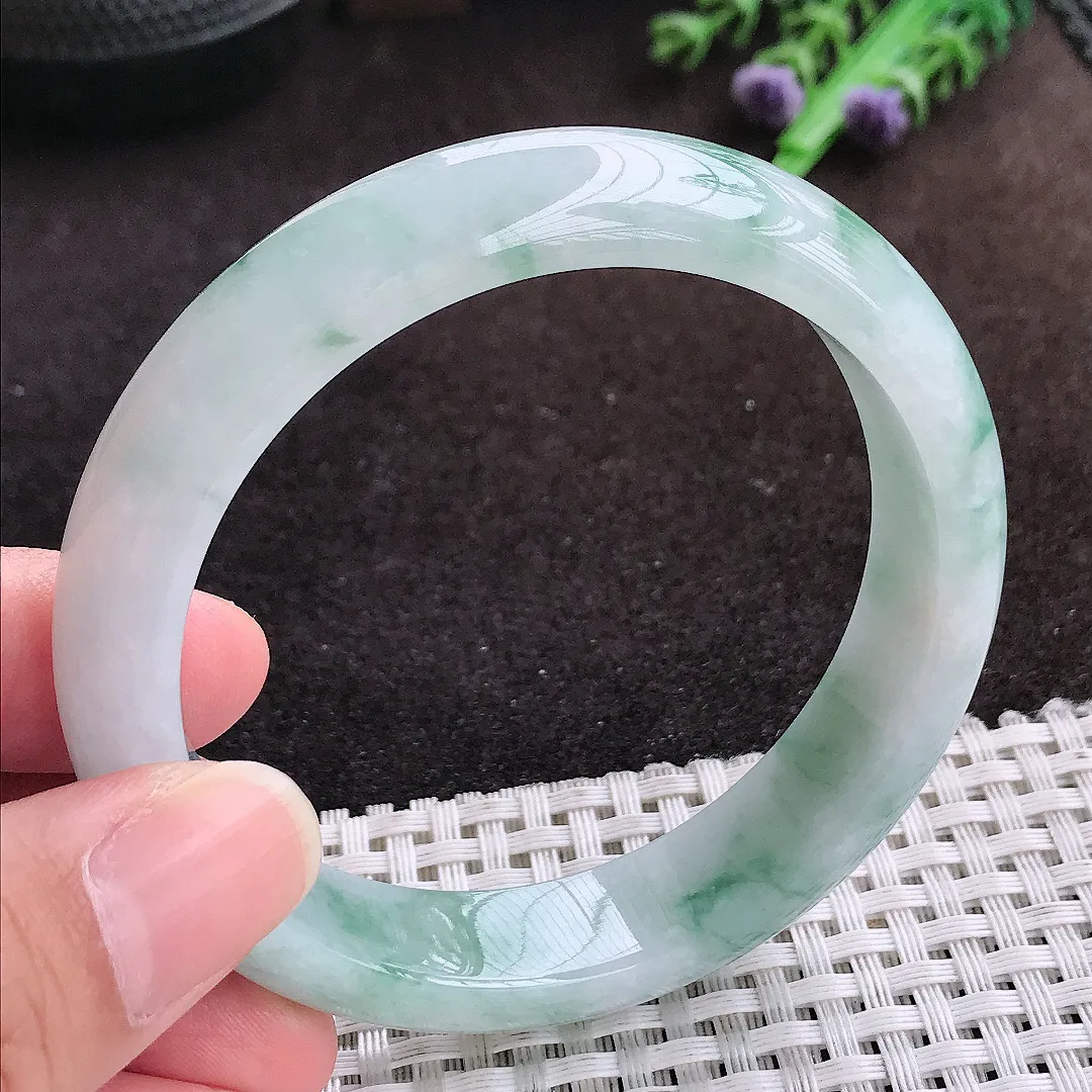 自然光57.8/13.6/8老坑冰润飘花手镯宽边翡翠玉镯手环