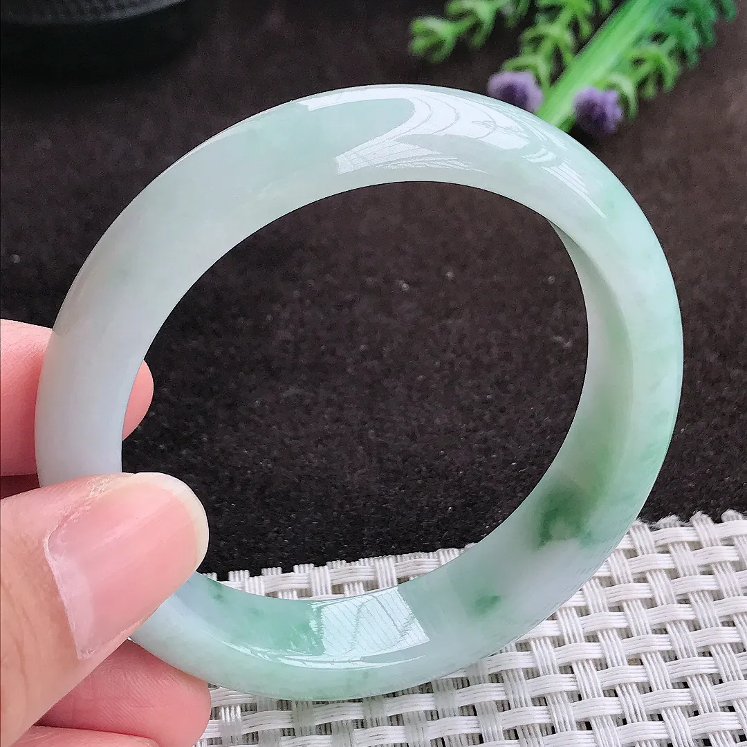 自然光55/13.5/7.7老坑冰润起胶飘花手镯宽边翡翠玉镯手环