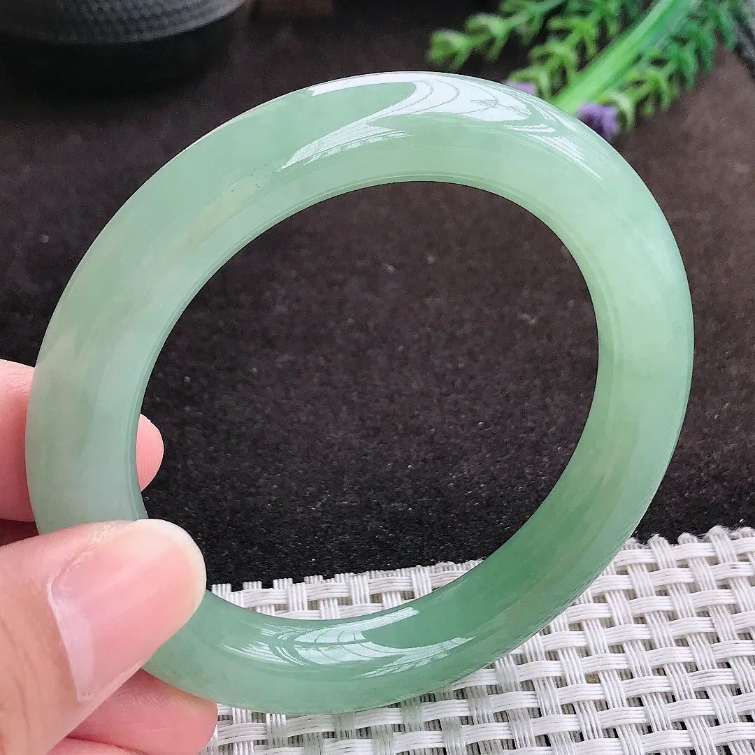 自然光55.5/10.7/11老坑冰胶果冻冰晴绿圆条手镯翡翠玉镯手环