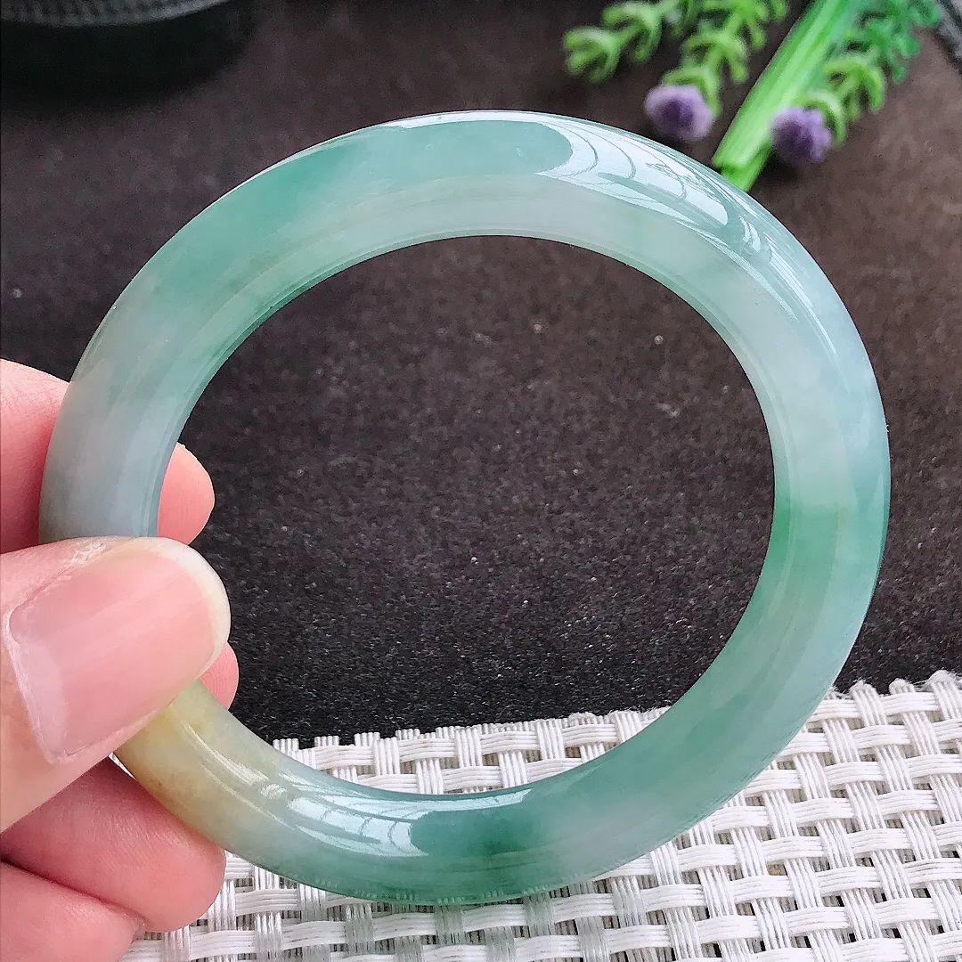自然光53.5/9.9/9.6老坑冰胶果冻飘花圆条手镯翡翠玉镯手环