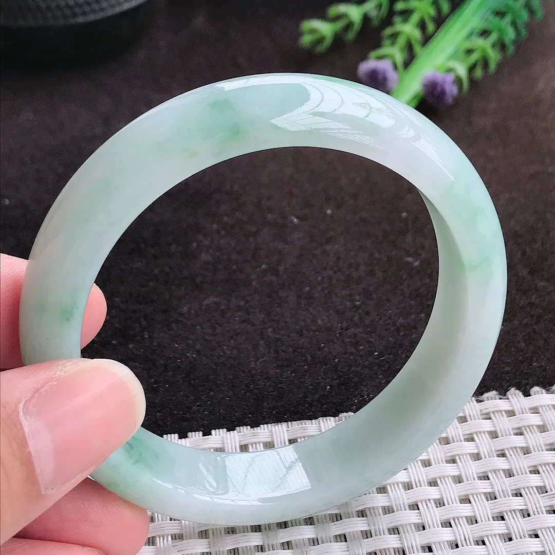 自然光55/13.5/7.7老坑冰润起胶飘花手镯宽边翡翠玉镯手环