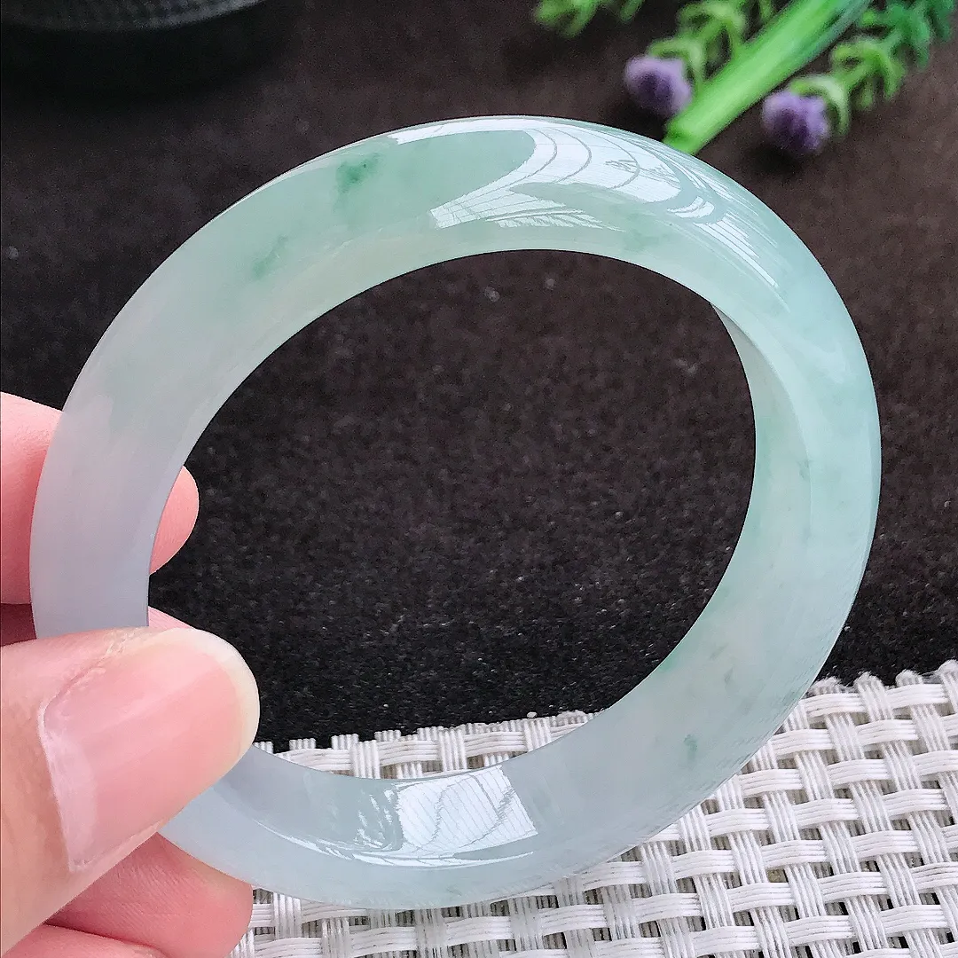 自然光53.5/12.6/8.2老坑冰胶果冻冰飘花手镯宽边翡翠玉镯手环