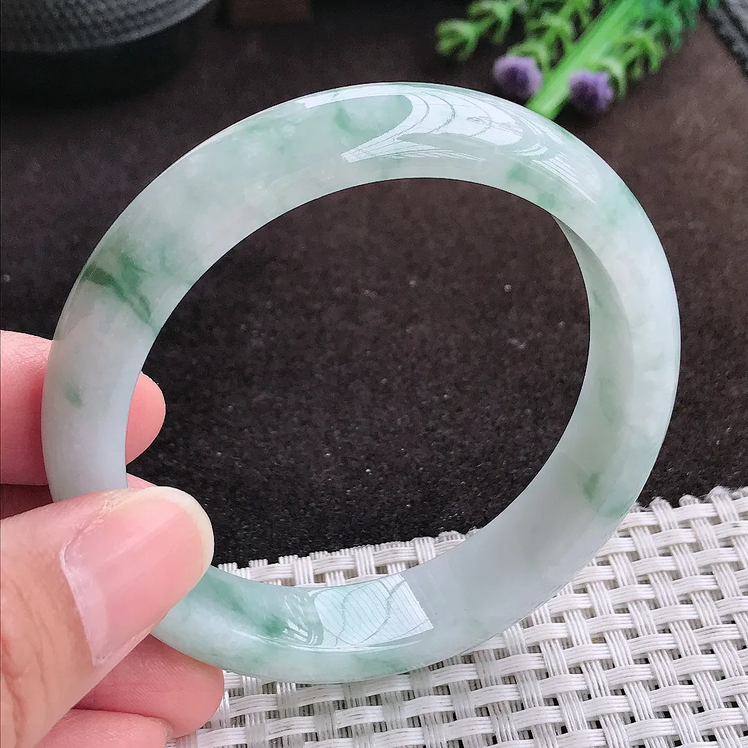 自然光57.8/13.6/8老坑冰润飘花手镯宽边翡翠玉镯手环