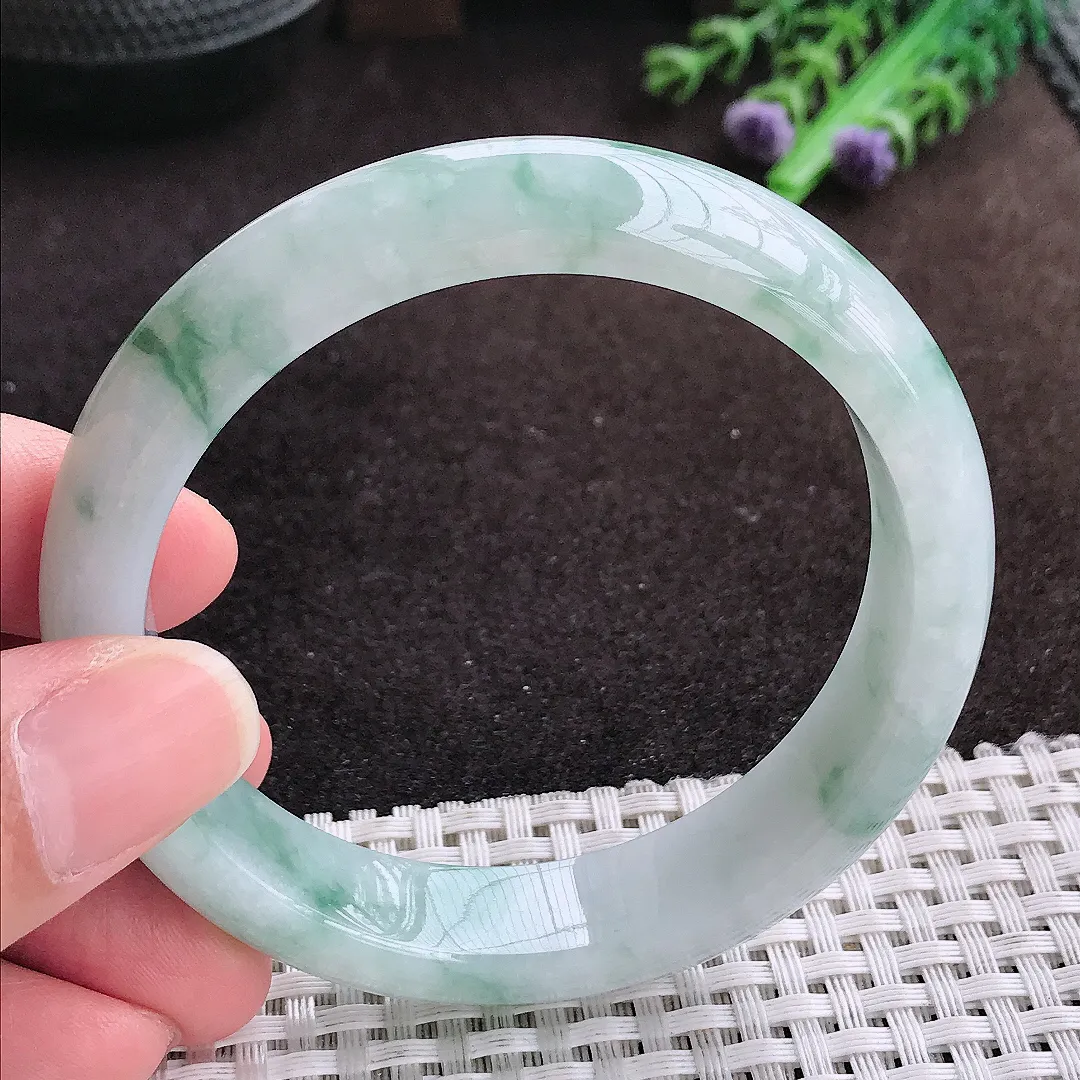 自然光57.8/13.6/8老坑冰润飘花手镯宽边翡翠玉镯手环