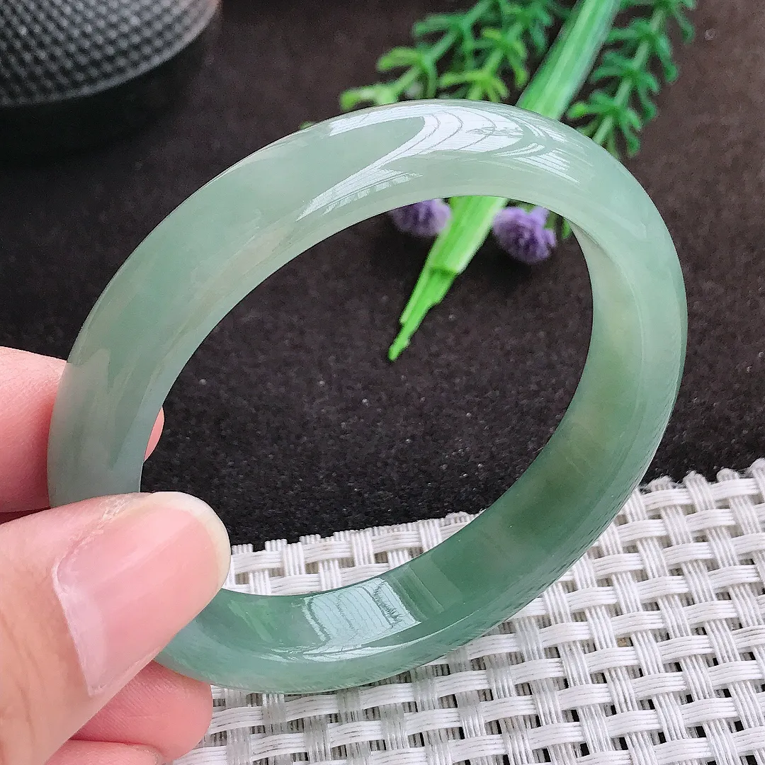 自然光53.5/48/12/7.5老坑冰润起胶油绿贵妃手镯宽边翡翠玉镯手环