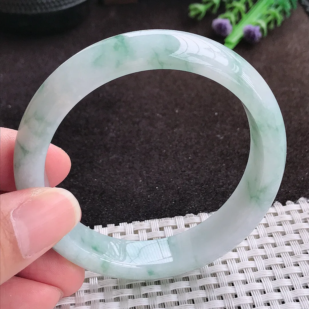 自然光57.8/13.6/8老坑冰润飘花手镯宽边翡翠玉镯手环