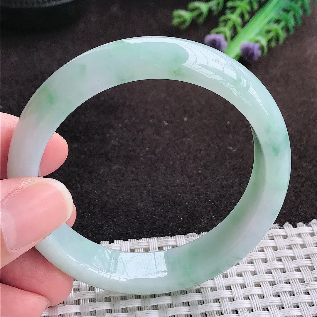 自然光55/13.5/7.7老坑冰润起胶飘花手镯宽边翡翠玉镯手环