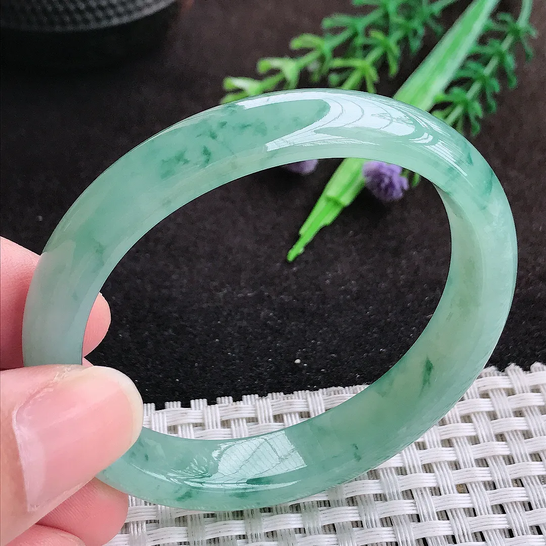 自然光53.5/47/1.8/7.1老坑冰胶果冻飘花贵妃手镯宽边翡翠玉镯手环