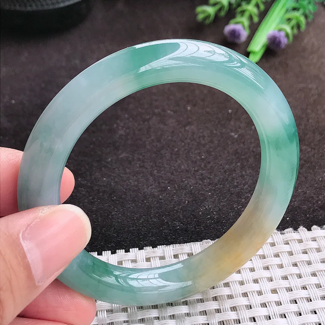 自然光53.5/9.9/9.6老坑冰胶果冻飘花圆条手镯翡翠玉镯手环