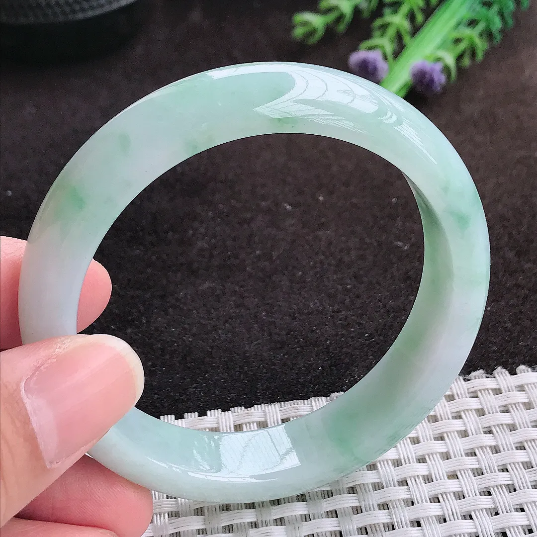 自然光55/13.5/7.7老坑冰润起胶飘花手镯宽边翡翠玉镯手环