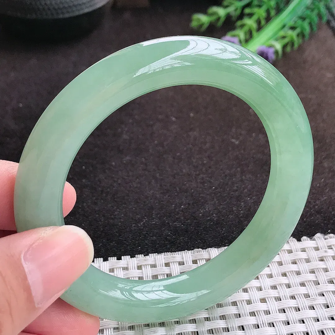 自然光55.5/10.7/11老坑冰胶果冻冰晴绿圆条手镯翡翠玉镯手环