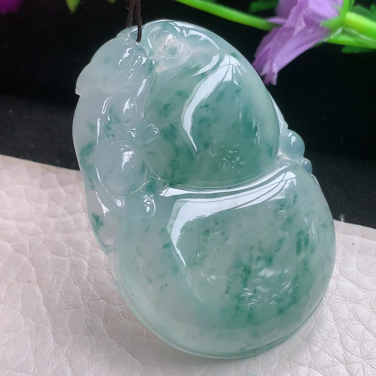 lz自然光53.5*37.8*8.2天然缅甸翡翠冰飘花大葫芦玉吊坠 玉挂件