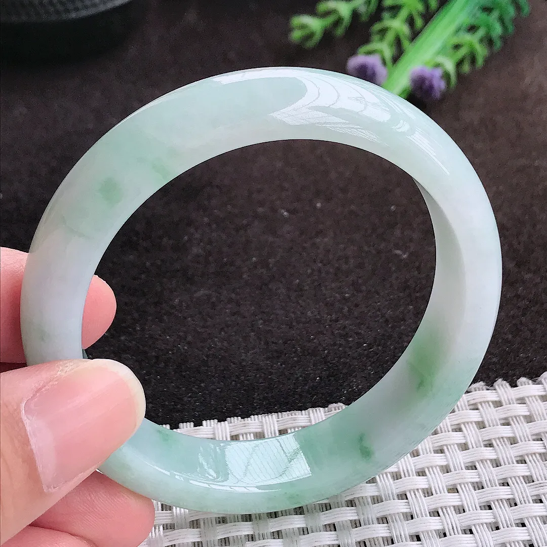 自然光55/13.5/7.7老坑冰润起胶飘花手镯宽边翡翠玉镯手环