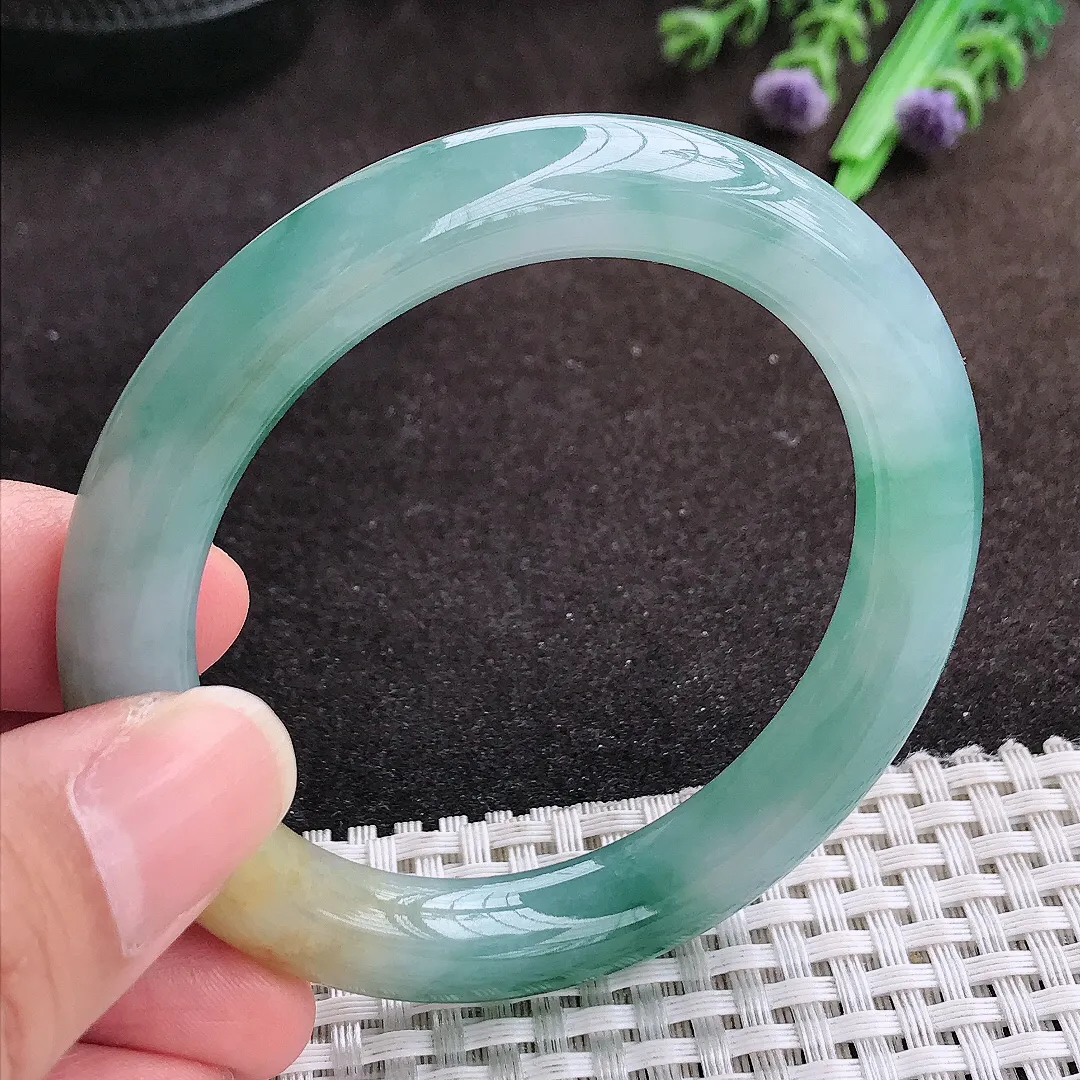 自然光53.5/9.9/9.6老坑冰胶果冻飘花圆条手镯翡翠玉镯手环
