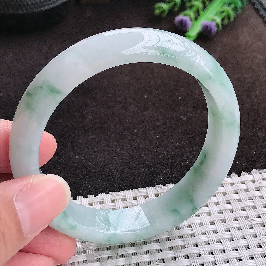 自然光57.8/13.6/8老坑冰润飘花手镯宽边翡翠玉镯手环