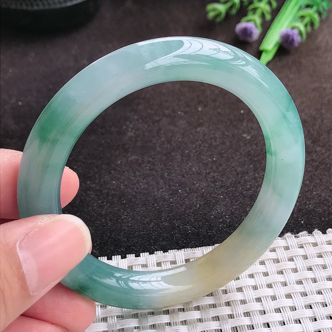 自然光53.5/9.9/9.6老坑冰胶果冻飘花圆条手镯翡翠玉镯手环