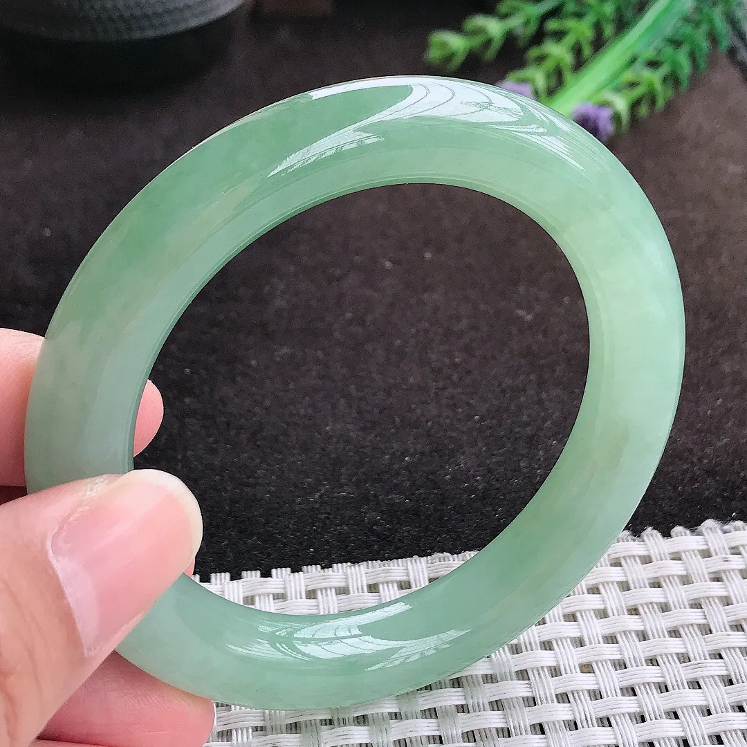自然光55.5/10.7/11老坑冰胶果冻冰晴绿圆条手镯翡翠玉镯手环