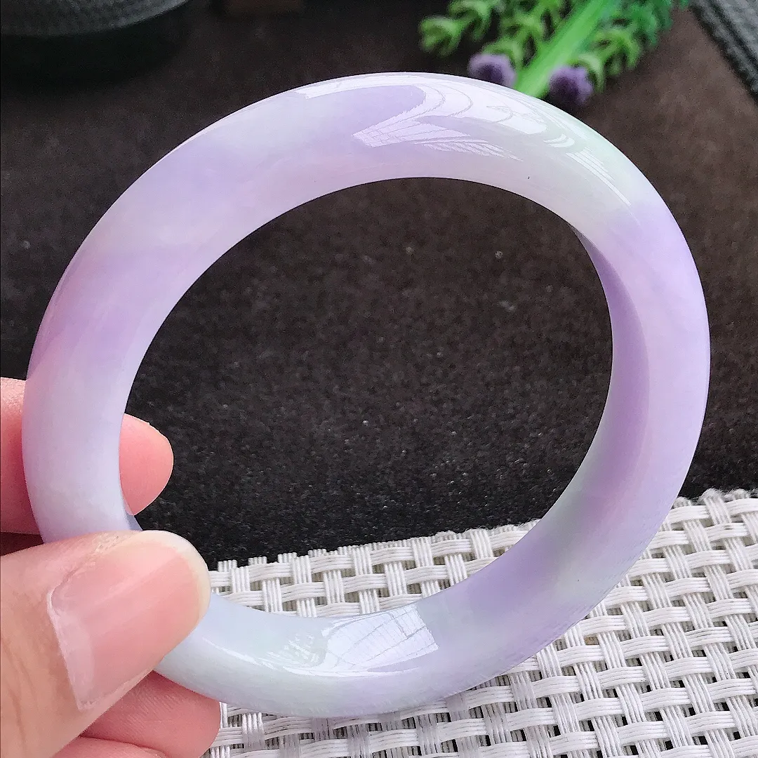 自然光58.5/12.4/9.2老坑精美温润浓艳紫罗兰手镯宽边翡翠玉镯手环