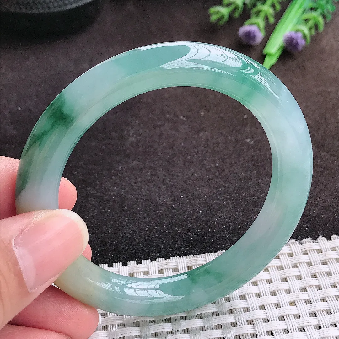 自然光53.5/9.9/9.6老坑冰胶果冻飘花圆条手镯翡翠玉镯手环
