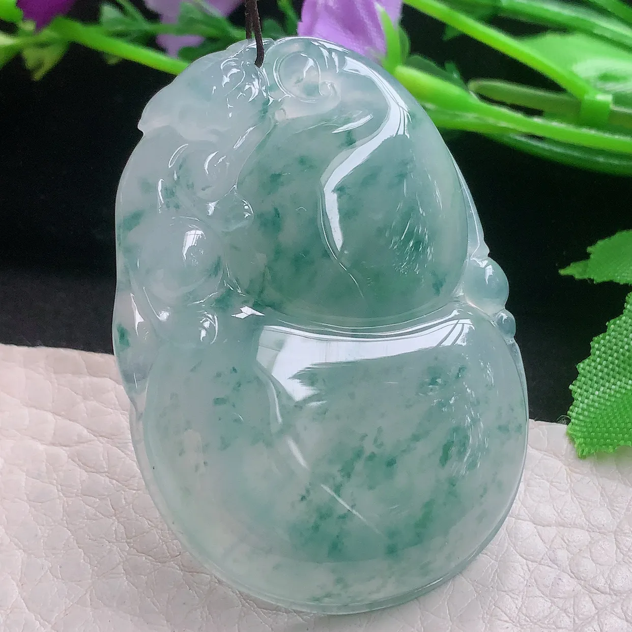 lz自然光53.5*37.8*8.2天然缅甸翡翠冰飘花大葫芦玉吊坠 玉挂件
