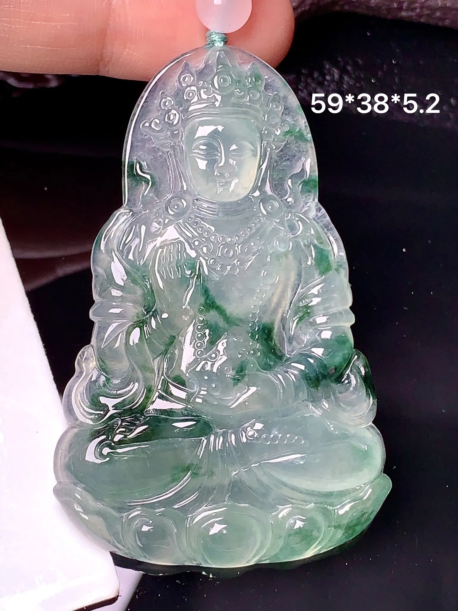 冰种飘花度母观音菩萨吊坠 玉质细腻 色泽清新艳丽 整体尺寸59*38*5.2