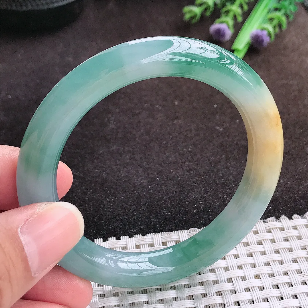 自然光53.5/9.9/9.6老坑冰胶果冻飘花圆条手镯翡翠玉镯手环