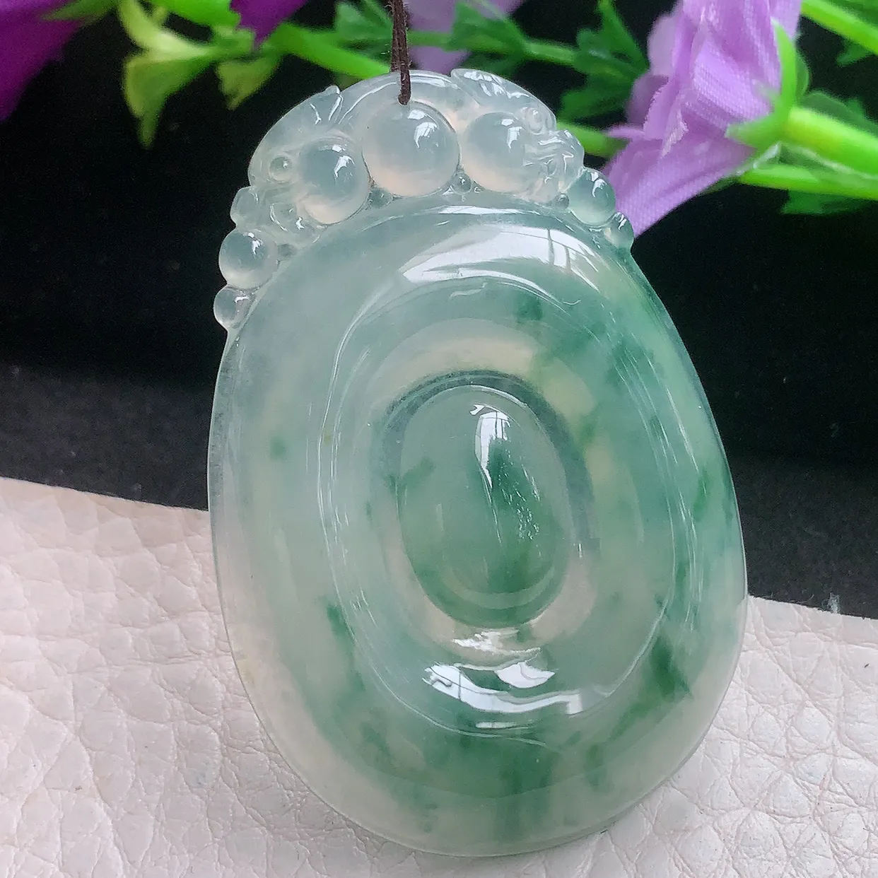 lz自然光51*35*5.8天然缅甸翡翠冰飘绿花福贝如意玉吊坠 玉挂件