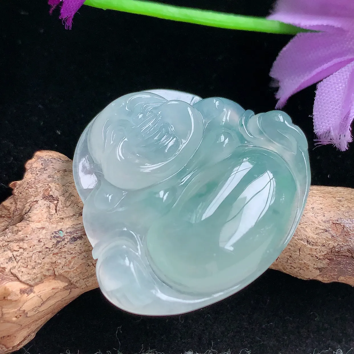 lz自然光26.5*30.2*6.8天然缅甸翡翠冰飘花佛公 弥勒佛玉吊坠 玉挂件