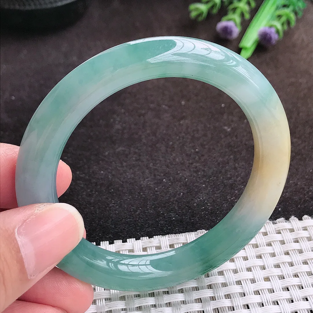 自然光53.5/9.9/9.6老坑冰胶果冻飘花圆条手镯翡翠玉镯手环