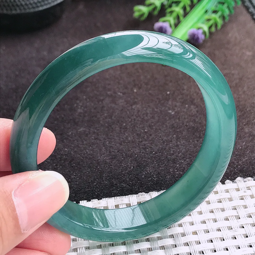 自然光57.5/12.7/7.6老坑冰胶果冻满色蓝韵手镯宽边翡翠玉镯手环