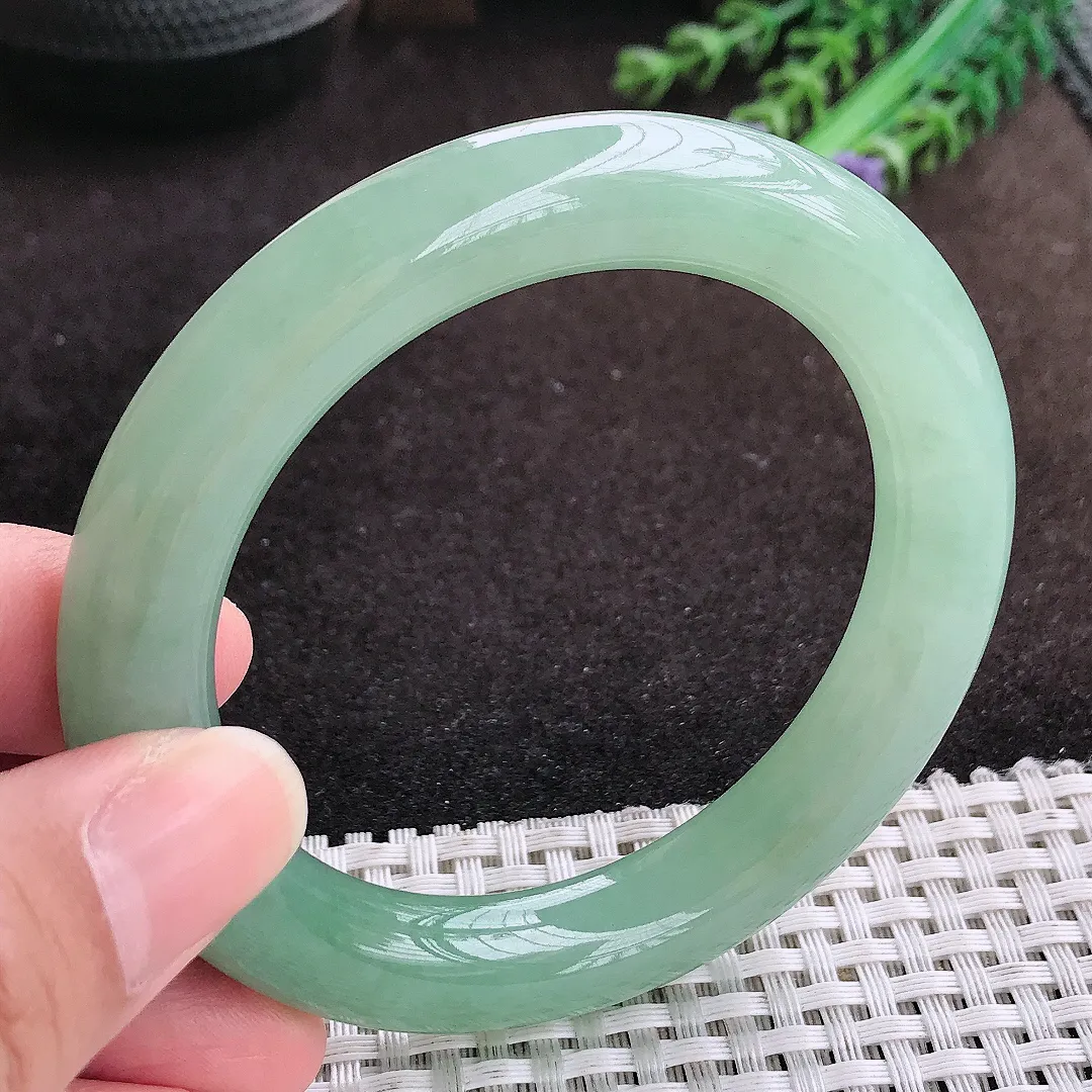 自然光55.5/10.7/11老坑冰胶果冻冰晴绿圆条手镯翡翠玉镯手环