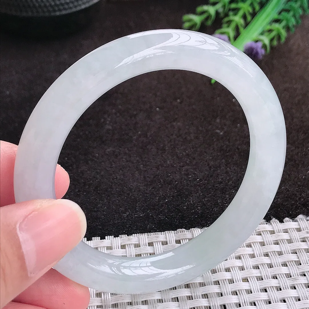自然光53.8/9.9/9.6老坑冰胶水灵白月光圆条手镯翡翠玉镯手环