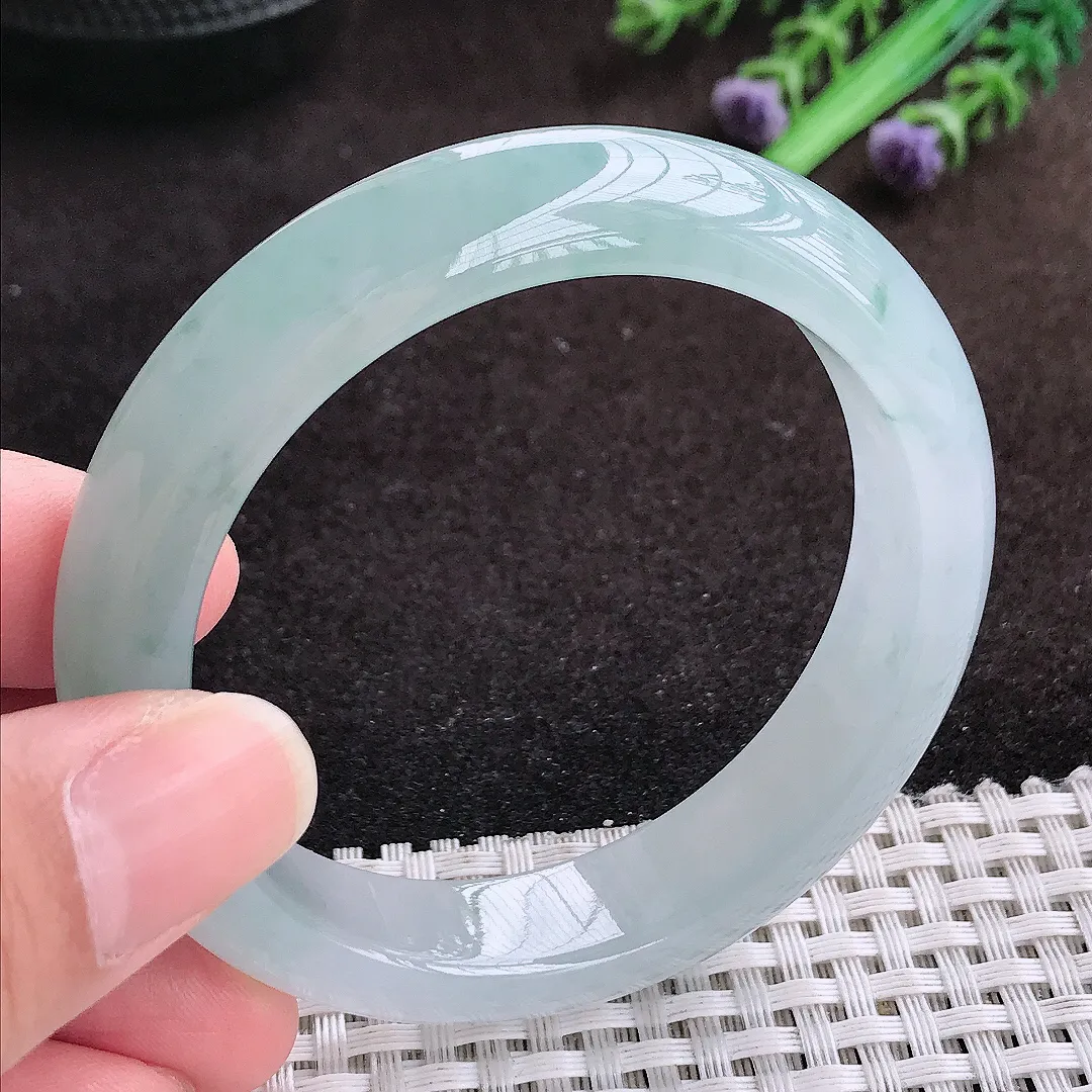 自然光53.5/12.6/8.2老坑冰胶果冻冰飘花手镯宽边翡翠玉镯手环