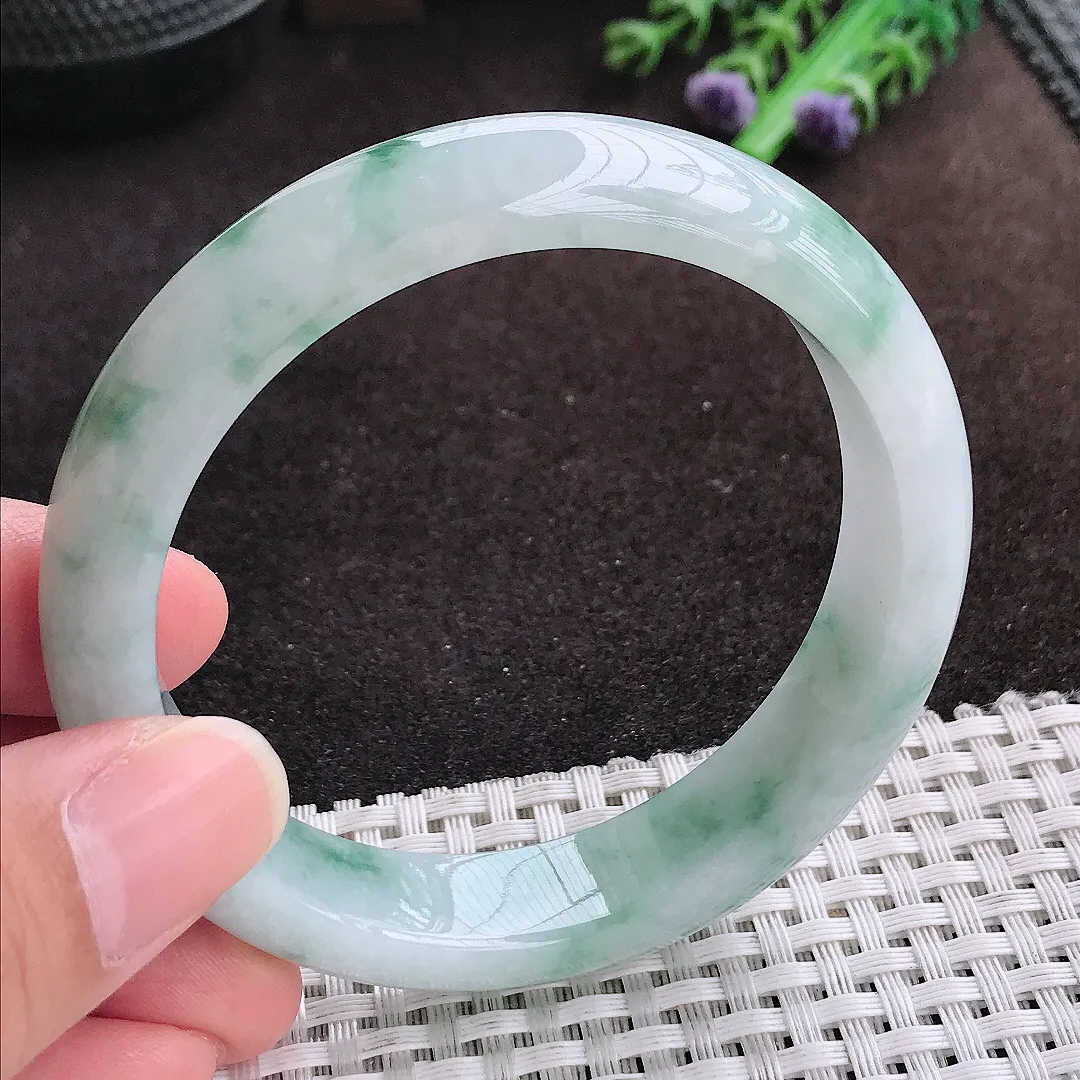 自然光57.8/13.6/8老坑冰润飘花手镯宽边翡翠玉镯手环
