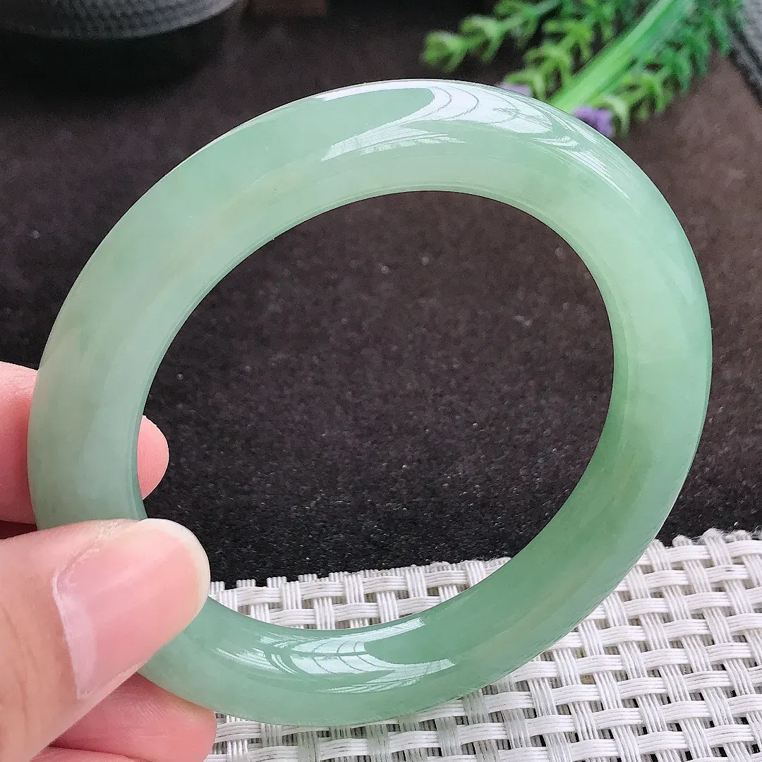 自然光55.5/10.7/11老坑冰胶果冻冰晴绿圆条手镯翡翠玉镯手环